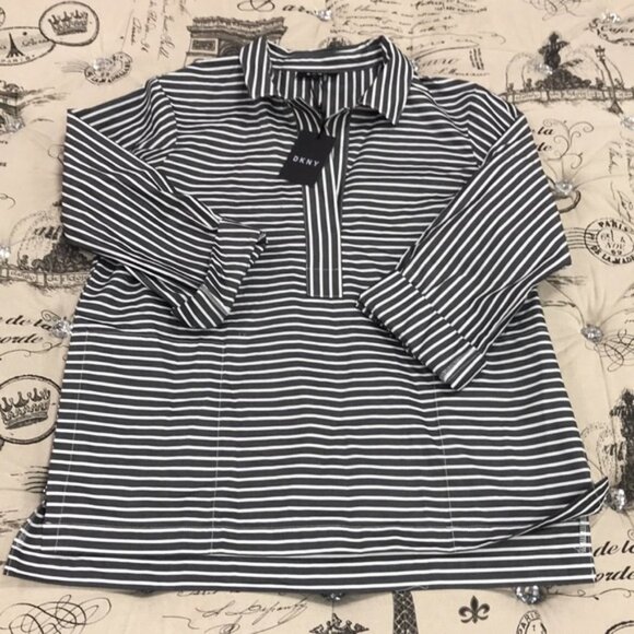 Dkny Cotton Striped Roll-Tab Top - Picture 3 of 5